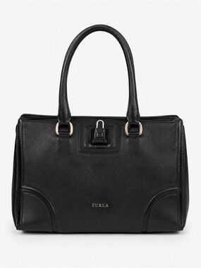 Furla Black Leather Tote Bag Gold Hardware Structured Satchel Purse